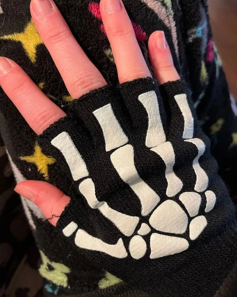 New Punk Gloves Unisex Halloween Skeleton Skull Half Finger Gloves Glow In The Dark Fingerless Stretch Knitted Winter Mittens - ZOOMNSTORE