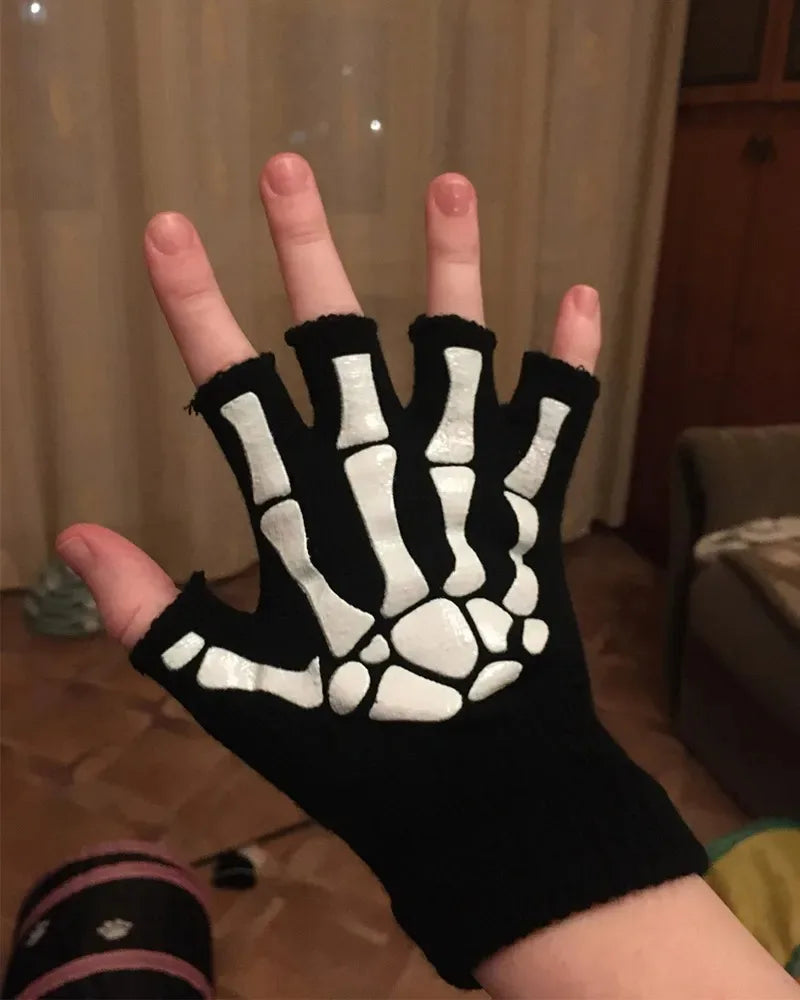 New Punk Gloves Unisex Halloween Skeleton Skull Half Finger Gloves Glow In The Dark Fingerless Stretch Knitted Winter Mittens - ZOOMNSTORE