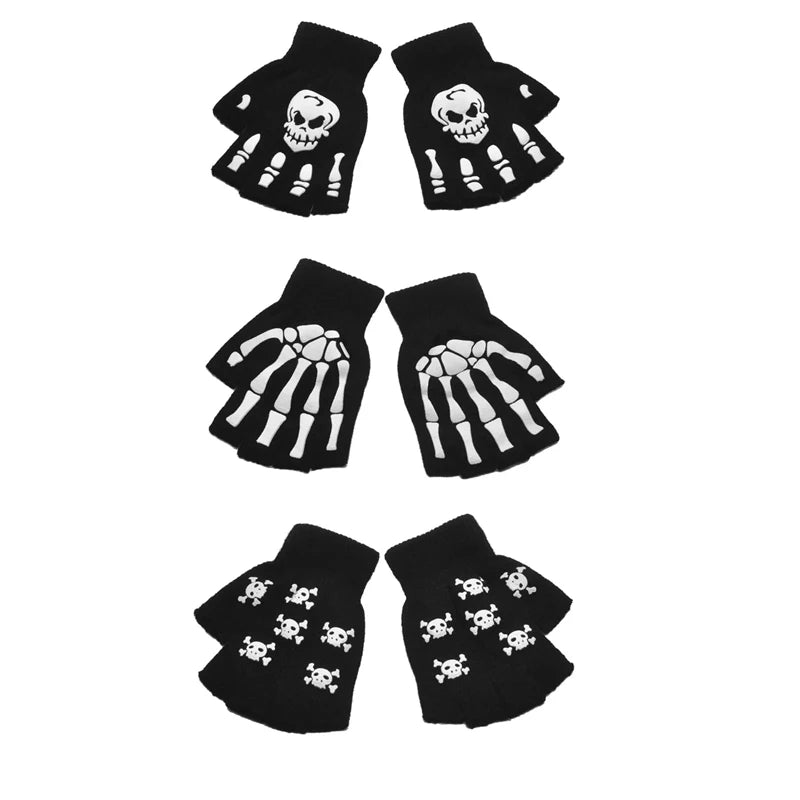 New Punk Gloves Unisex Halloween Skeleton Skull Half Finger Gloves Glow In The Dark Fingerless Stretch Knitted Winter Mittens - ZOOMNSTORE