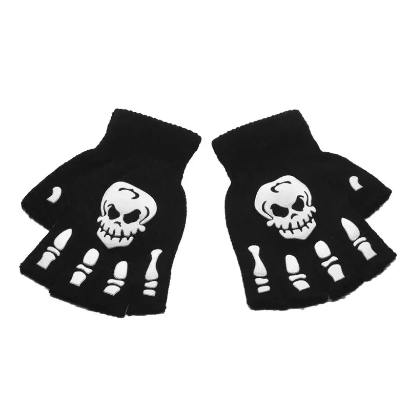 New Punk Gloves Unisex Halloween Skeleton Skull Half Finger Gloves Glow In The Dark Fingerless Stretch Knitted Winter Mittens - ZOOMNSTORE