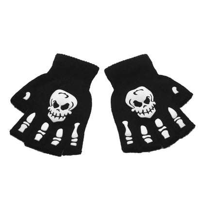 New Punk Gloves Unisex Halloween Skeleton Skull Half Finger Gloves Glow In The Dark Fingerless Stretch Knitted Winter Mittens - ZOOMNSTORE