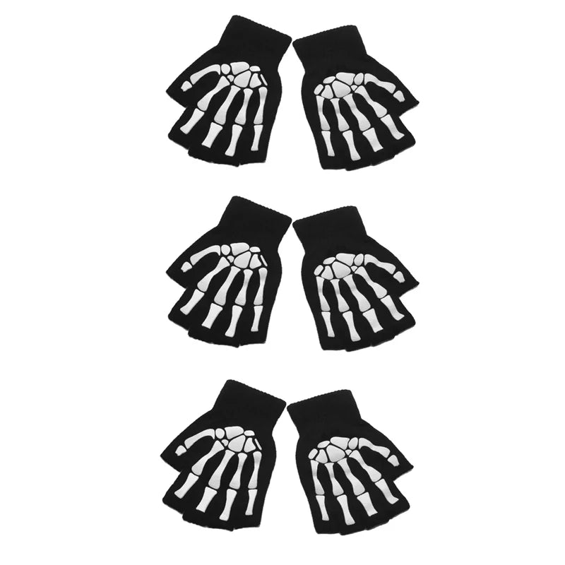 New Punk Gloves Unisex Halloween Skeleton Skull Half Finger Gloves Glow In The Dark Fingerless Stretch Knitted Winter Mittens - ZOOMNSTORE