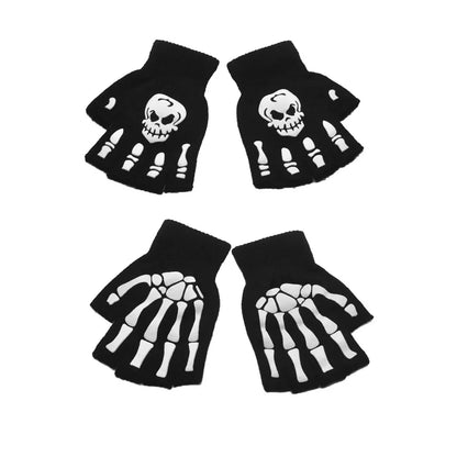 New Punk Gloves Unisex Halloween Skeleton Skull Half Finger Gloves Glow In The Dark Fingerless Stretch Knitted Winter Mittens - ZOOMNSTORE
