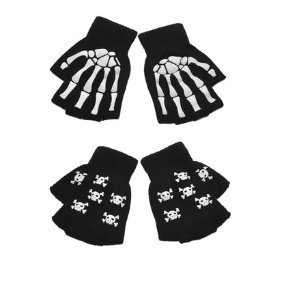 New Punk Gloves Unisex Halloween Skeleton Skull Half Finger Gloves Glow In The Dark Fingerless Stretch Knitted Winter Mittens - ZOOMNSTORE