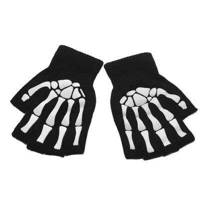 New Punk Gloves Unisex Halloween Skeleton Skull Half Finger Gloves Glow In The Dark Fingerless Stretch Knitted Winter Mittens - ZOOMNSTORE
