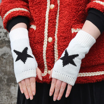 Fingerless Winter Gloves – Black White Knitted Half Gloves With Geometric Pattern - ZOOMNSTORE