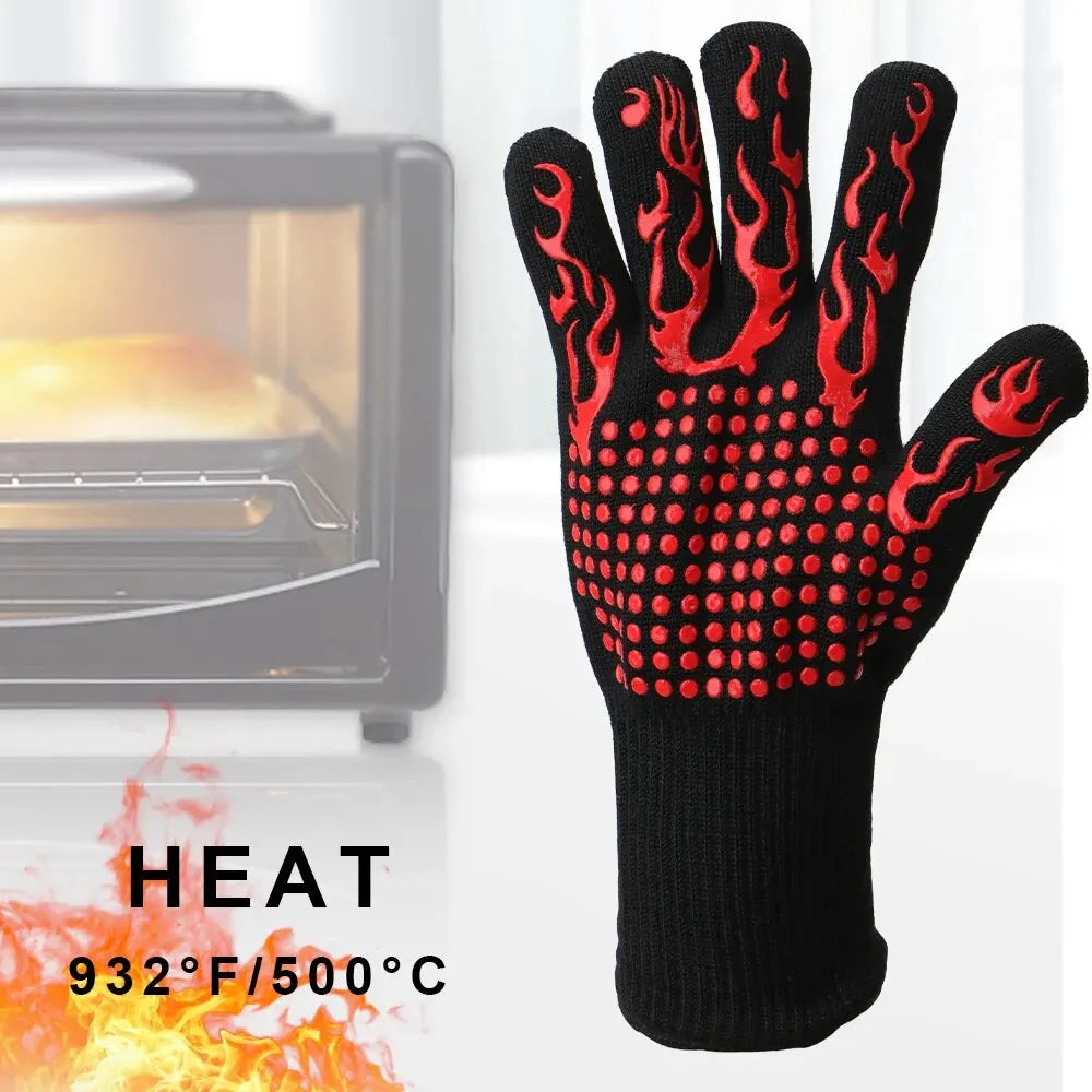 Fireproof BBQ Gloves - Heat Resistant Cotton Oven Mitts With Non Slip Silica Gel Grip - ZOOMNSTORE