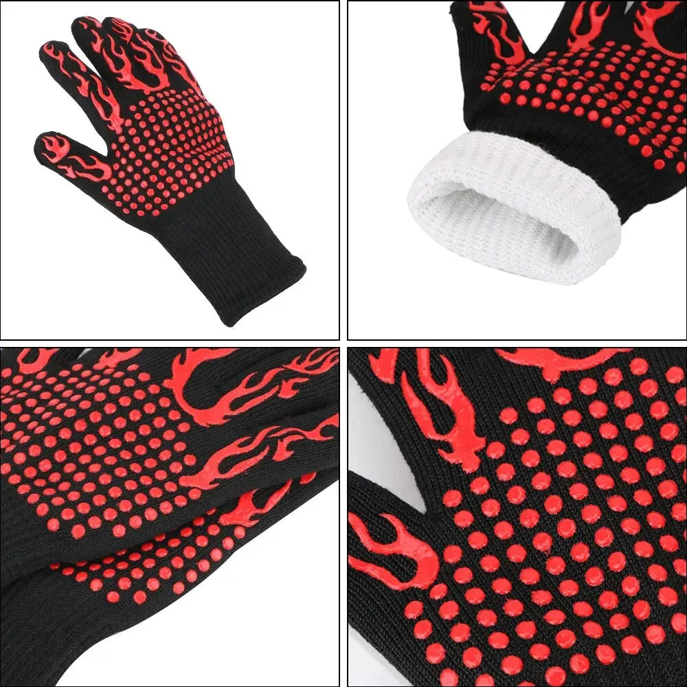 Fireproof BBQ Gloves - Heat Resistant Cotton Oven Mitts With Non Slip Silica Gel Grip - ZOOMNSTORE