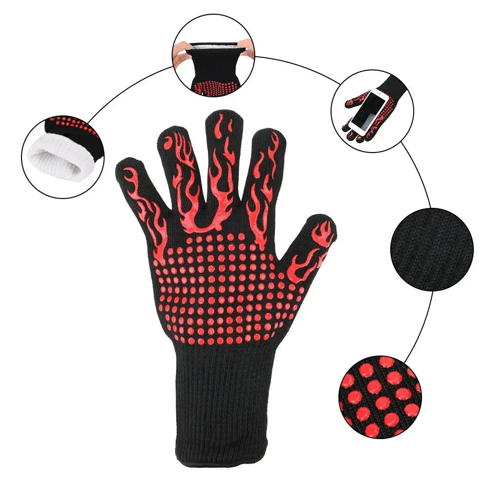 Fireproof BBQ Gloves - Heat Resistant Cotton Oven Mitts With Non Slip Silica Gel Grip - ZOOMNSTORE