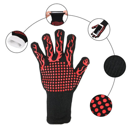 Fireproof BBQ Gloves - Heat Resistant Cotton Oven Mitts With Non Slip Silica Gel Grip - ZOOMNSTORE