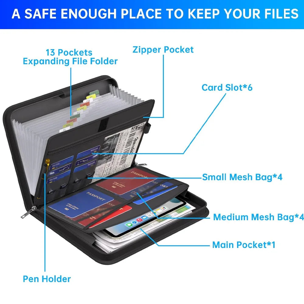 Fireproof Waterproof File Organizer - Black Multi-Compartment Hand Drawer Folder for Home School Office - ZOOMNSTORE