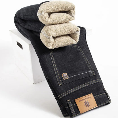 Winter Lamb Fluff Denim Straight Pants Men Thicken Big Size 40 Jeans High Waist Stretch Jeansy Fleece Lined Warm Slim Vaqueros - ZOOMNSTORE