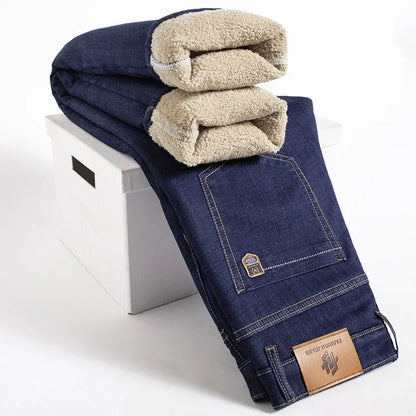 Winter Lamb Fluff Denim Straight Pants Men Thicken Big Size 40 Jeans High Waist Stretch Jeansy Fleece Lined Warm Slim Vaqueros - ZOOMNSTORE