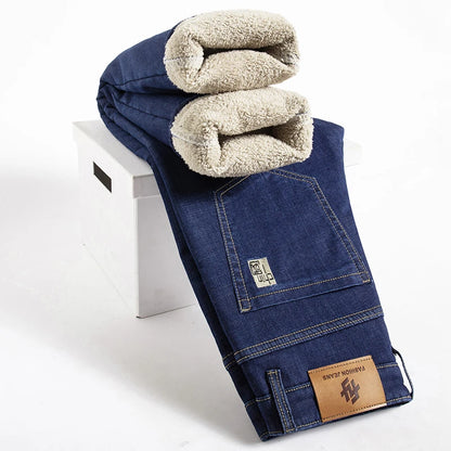 Winter Lamb Fluff Denim Straight Pants Men Thicken Big Size 40 Jeans High Waist Stretch Jeansy Fleece Lined Warm Slim Vaqueros - ZOOMNSTORE