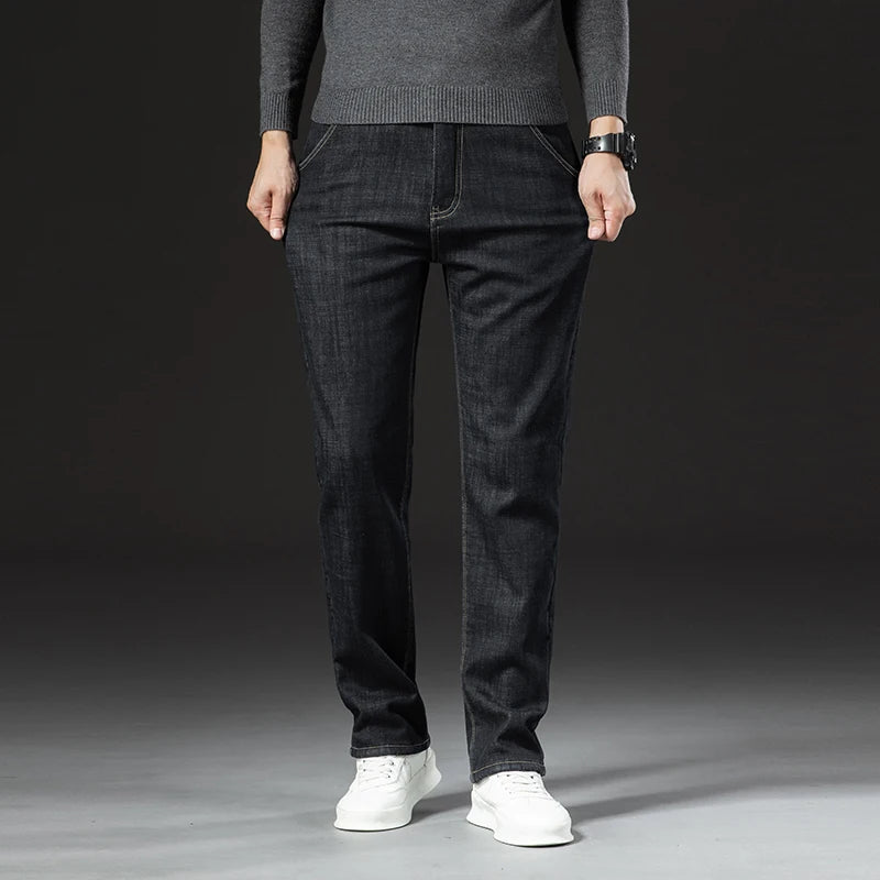 Winter Lamb Fluff Denim Straight Pants Men Thicken Big Size 40 Jeans High Waist Stretch Jeansy Fleece Lined Warm Slim Vaqueros - ZOOMNSTORE