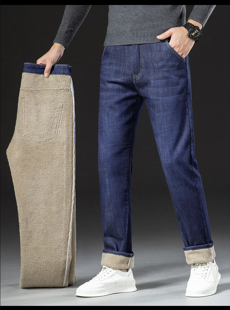 Winter Lamb Fluff Denim Straight Pants Men Thicken Big Size 40 Jeans High Waist Stretch Jeansy Fleece Lined Warm Slim Vaqueros - ZOOMNSTORE