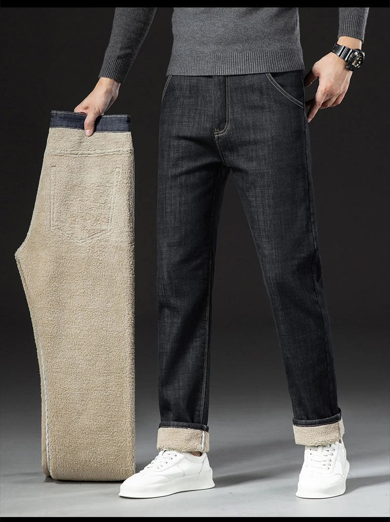 Winter Lamb Fluff Denim Straight Pants Men Thicken Big Size 40 Jeans High Waist Stretch Jeansy Fleece Lined Warm Slim Vaqueros - ZOOMNSTORE
