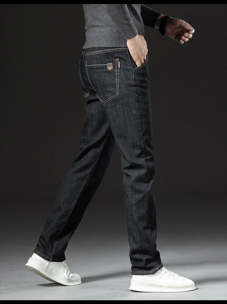 Winter Lamb Fluff Denim Straight Pants Men Thicken Big Size 40 Jeans High Waist Stretch Jeansy Fleece Lined Warm Slim Vaqueros - ZOOMNSTORE