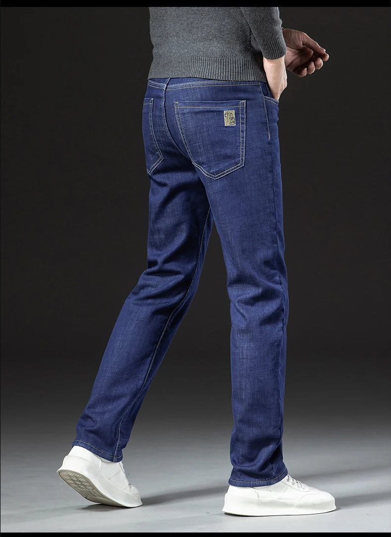 Winter Lamb Fluff Denim Straight Pants Men Thicken Big Size 40 Jeans High Waist Stretch Jeansy Fleece Lined Warm Slim Vaqueros - ZOOMNSTORE
