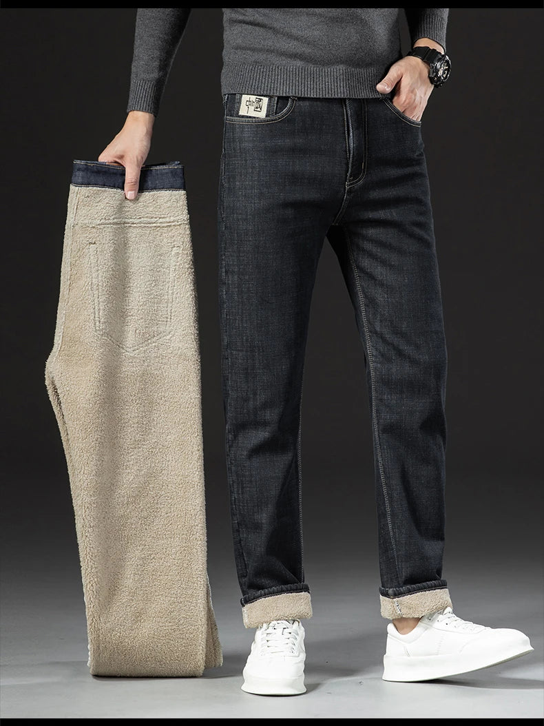 Winter Lamb Fluff Denim Straight Pants Men Thicken Big Size 40 Jeans High Waist Stretch Jeansy Fleece Lined Warm Slim Vaqueros - ZOOMNSTORE