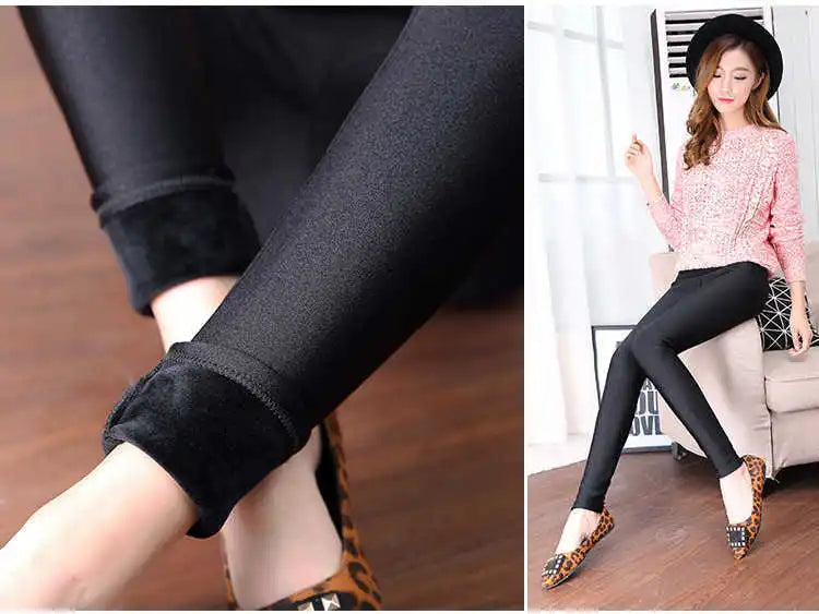 Fleece Warm Leggings - High Waist Solid Slim Autumn Winter Pants For Women - ZOOMNSTORE