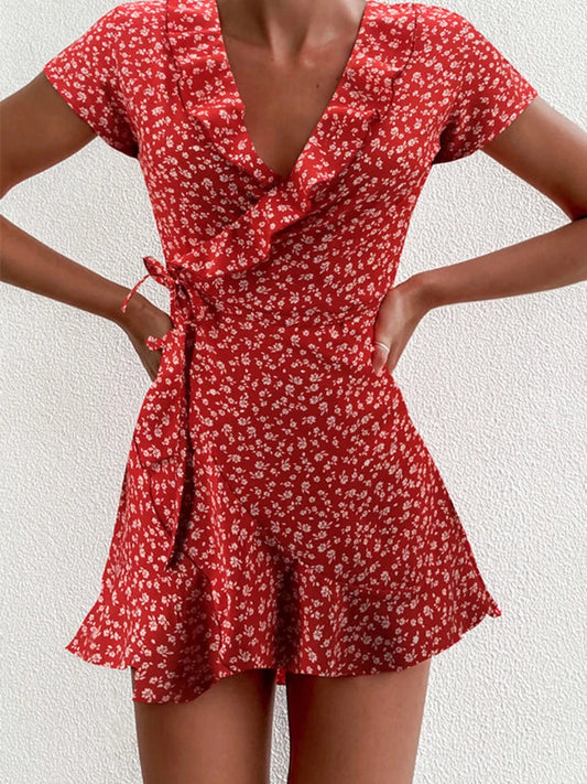 Floral A-Line Dress – Summer Mini Dress With V-Neck Bandage & Ruffles - ZOOMNSTORE