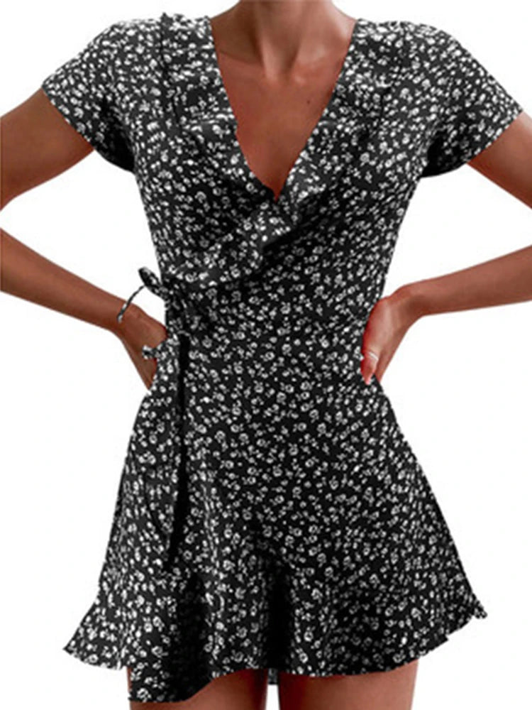 Floral A-Line Dress – Summer Mini Dress With V-Neck Bandage & Ruffles - ZOOMNSTORE