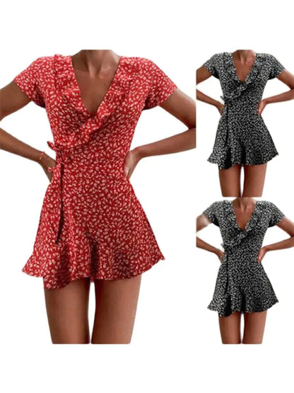 Floral A-Line Dress – Summer Mini Dress With V-Neck Bandage & Ruffles - ZOOMNSTORE