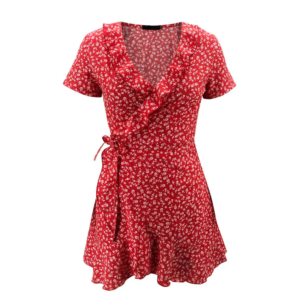 Floral A-Line Dress – Summer Mini Dress With V-Neck Bandage & Ruffles - ZOOMNSTORE