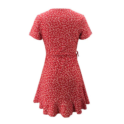 Floral A-Line Dress – Summer Mini Dress With V-Neck Bandage & Ruffles - ZOOMNSTORE