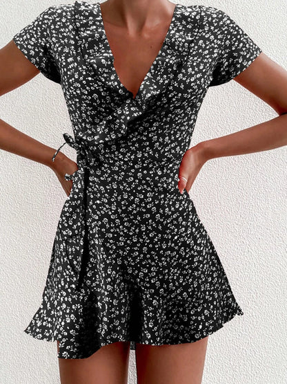 Floral A-Line Dress – Summer Mini Dress With V-Neck Bandage & Ruffles - ZOOMNSTORE