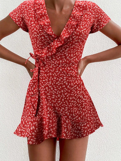 Floral A-Line Dress – Summer Mini Dress With V-Neck Bandage & Ruffles - ZOOMNSTORE