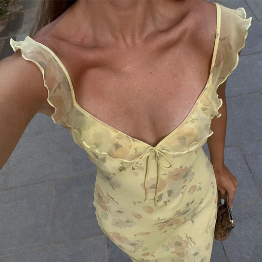 Floral Cami Dress - Backless Bodycon with Ruffle Spaghetti Straps for Party - ZOOMNSTORE