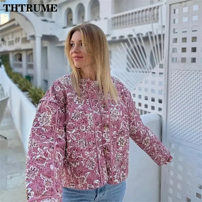 Floral Print Vintage Jacket - Elegant Long Sleeve Quilted Coat for Autumn Winter - ZOOMNSTORE