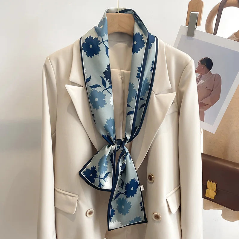 Floral Silk Scarf - Long Ribbon Neck Tie  Headband for Women - ZOOMNSTORE