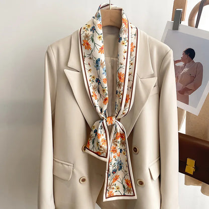 Floral Silk Scarf - Long Ribbon Neck Tie  Headband for Women - ZOOMNSTORE