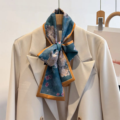 Floral Silk Scarf - Long Ribbon Neck Tie  Headband for Women - ZOOMNSTORE