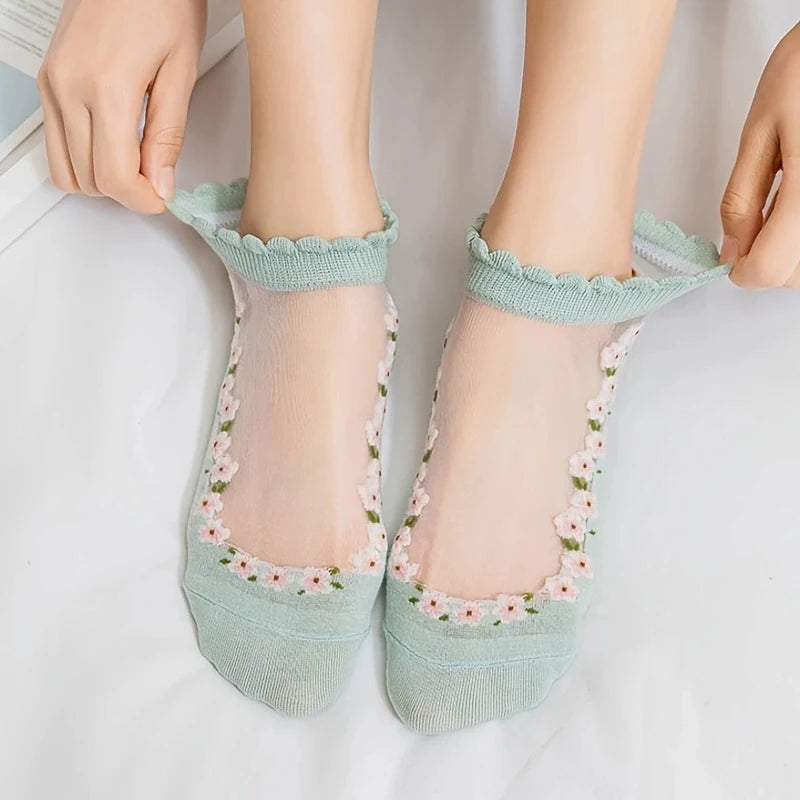 Floral Womens Boat Socks - 7 Pairs Thin Silk Crystal SpringSummer - ZOOMNSTORE