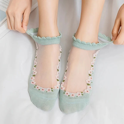 Floral Womens Boat Socks - 7 Pairs Thin Silk Crystal SpringSummer - ZOOMNSTORE