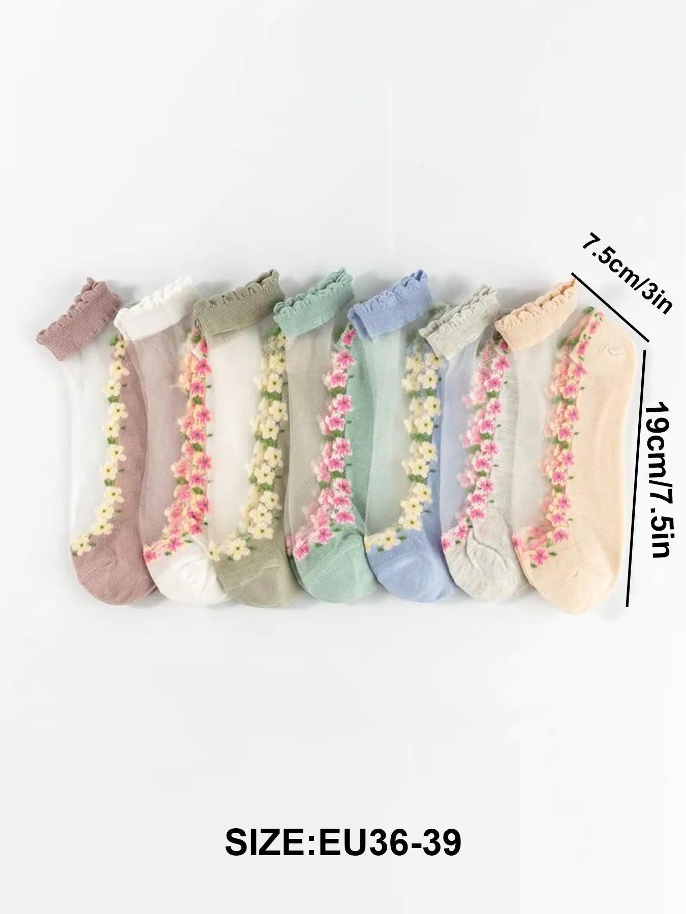 Floral Womens Boat Socks - 7 Pairs Thin Silk Crystal SpringSummer - ZOOMNSTORE