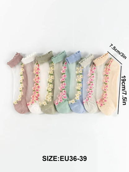 Floral Womens Boat Socks - 7 Pairs Thin Silk Crystal SpringSummer - ZOOMNSTORE