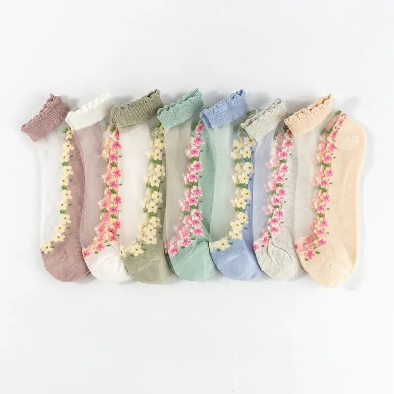 Floral Womens Boat Socks - 7 Pairs Thin Silk Crystal SpringSummer - ZOOMNSTORE