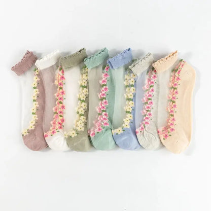 Floral Womens Boat Socks - 7 Pairs Thin Silk Crystal SpringSummer - ZOOMNSTORE
