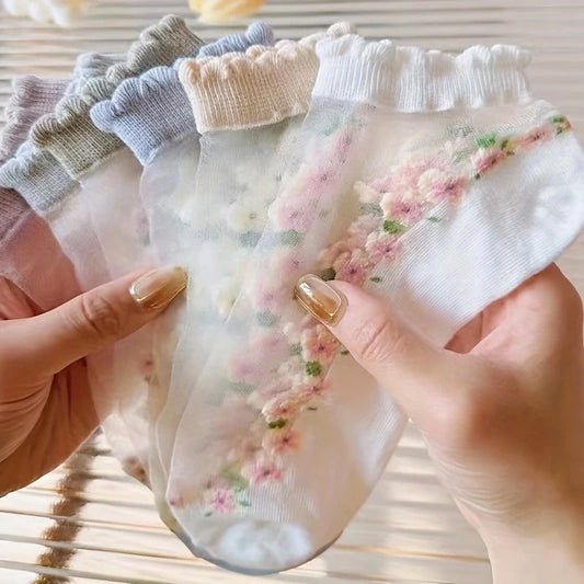Floral Womens Boat Socks - 7 Pairs Thin Silk Crystal SpringSummer - ZOOMNSTORE