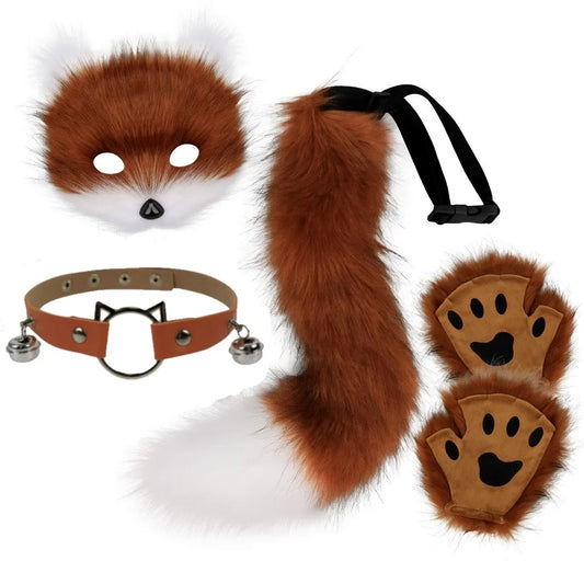 5pcs Hot Sale Fluffy Fur Fox Tail Cat Paws Gloves Wolf Mask Set Halloween Cosplay Costume Accessories Theme Party Dress Up Props - ZOOMNSTORE