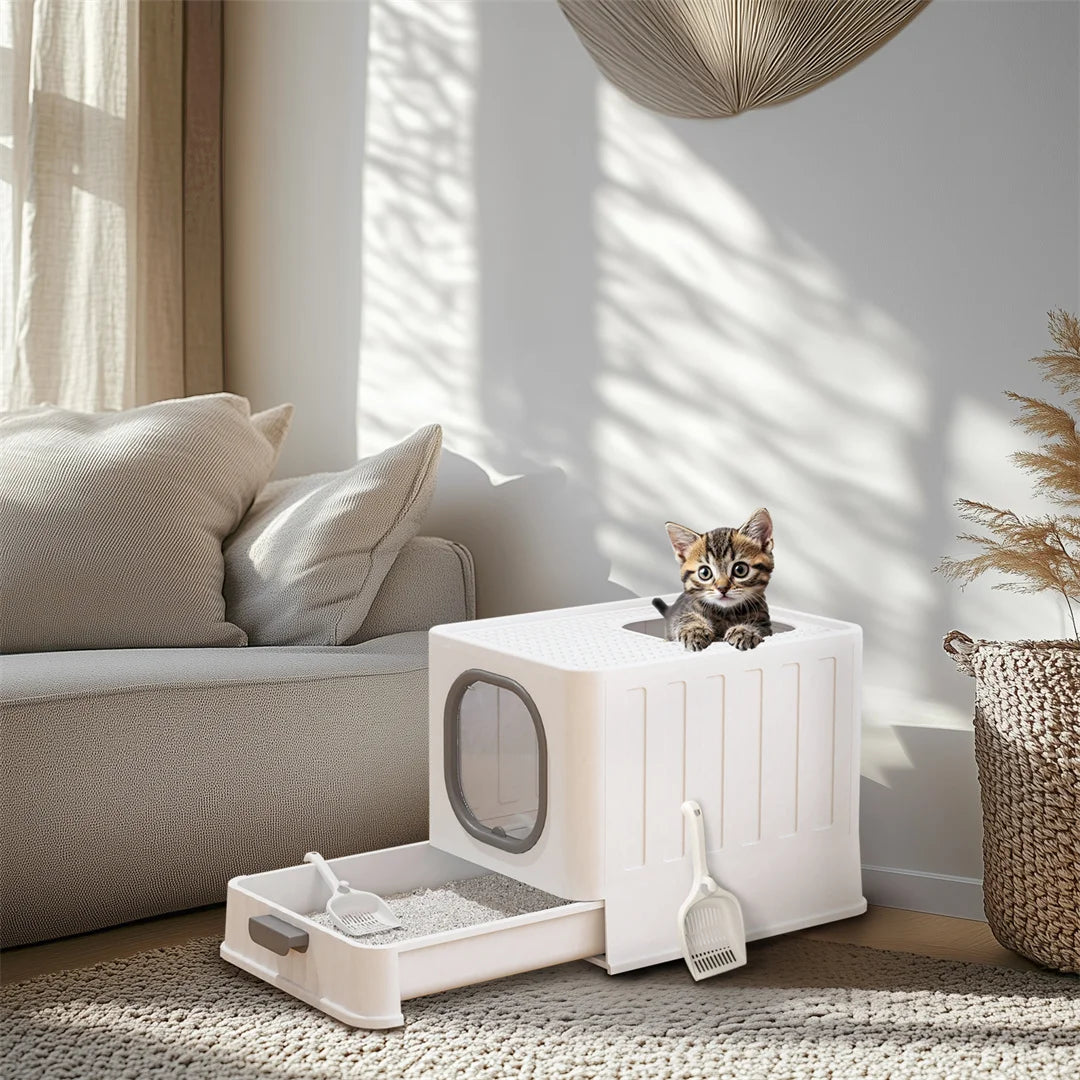 Extra Large Foldable Cat Litter Tray - Top Entry with Easy Clean Drawer and Lid - ZOOMNSTORE
