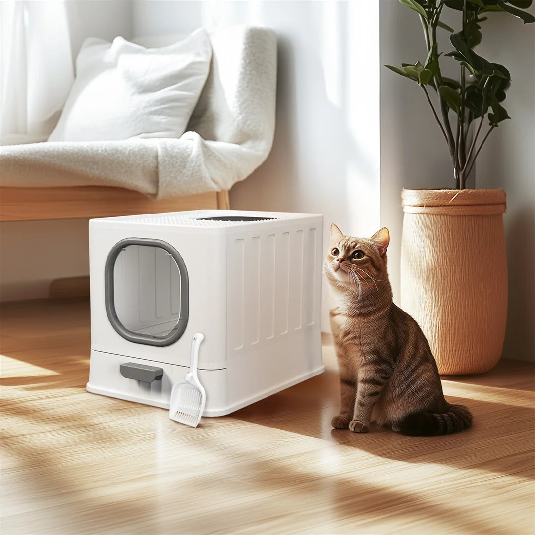 Extra Large Foldable Cat Litter Tray - Top Entry with Easy Clean Drawer and Lid - ZOOMNSTORE