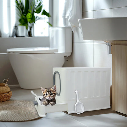 Extra Large Foldable Cat Litter Tray - Top Entry with Easy Clean Drawer and Lid - ZOOMNSTORE