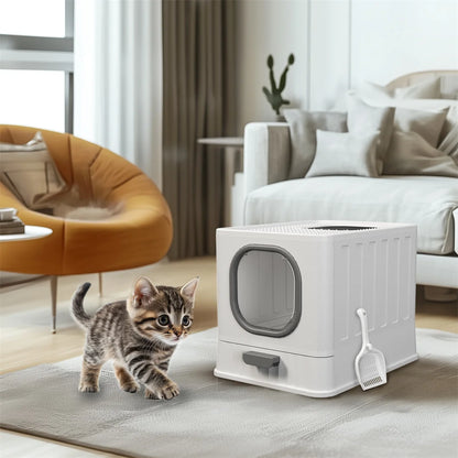 Extra Large Foldable Cat Litter Tray - Top Entry with Easy Clean Drawer and Lid - ZOOMNSTORE