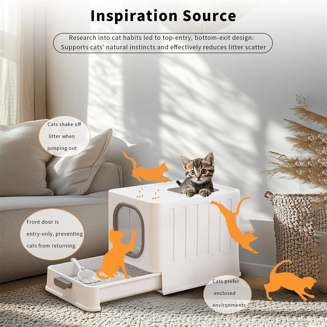 Extra Large Foldable Cat Litter Tray - Top Entry with Easy Clean Drawer and Lid - ZOOMNSTORE